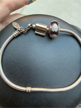 Pandora Sterling Silver Bracelet “Best Friends” Clip + Murano Heart Charm 9” New
